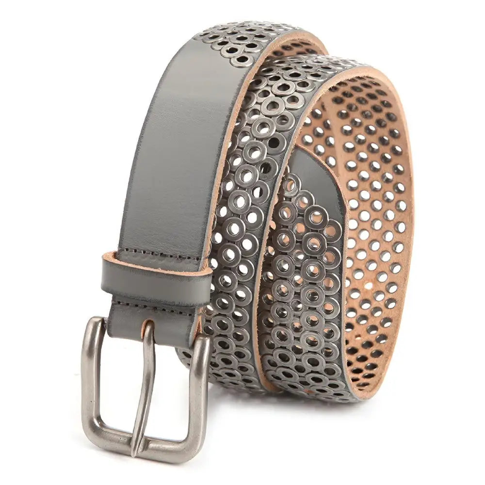 Gray leather belt with circular cutouts, silver metal rings, and buckle for stylish accessories