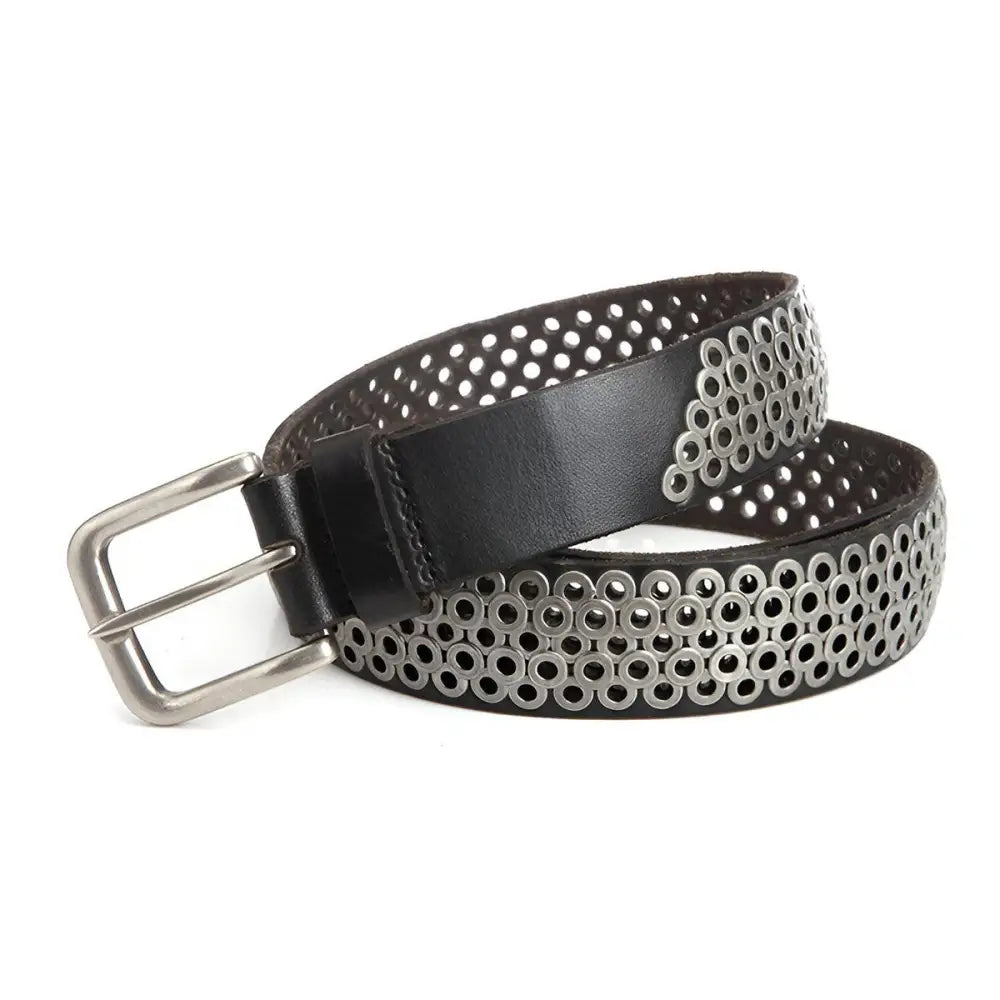 Black Leather Belt with Silver Metal Rings and Buckle for Men and Women