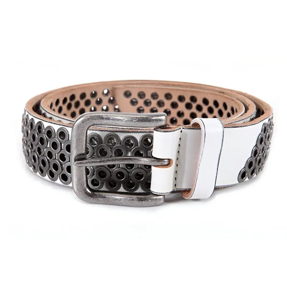 White leather belt with grommets shown with Black Leather Belt with Silver Metal Rings and Buckle