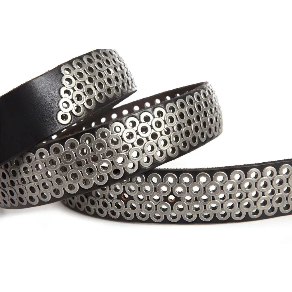 Black leather belt with silver metal rings and buckle for stylish accessories