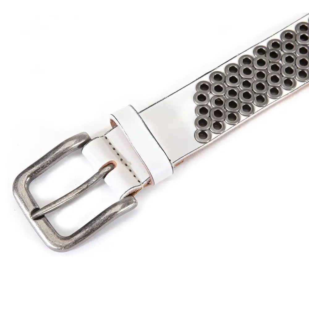 White studded belt with silver buckle shown in Black Leather Belt with Silver Metal Rings and Buckle