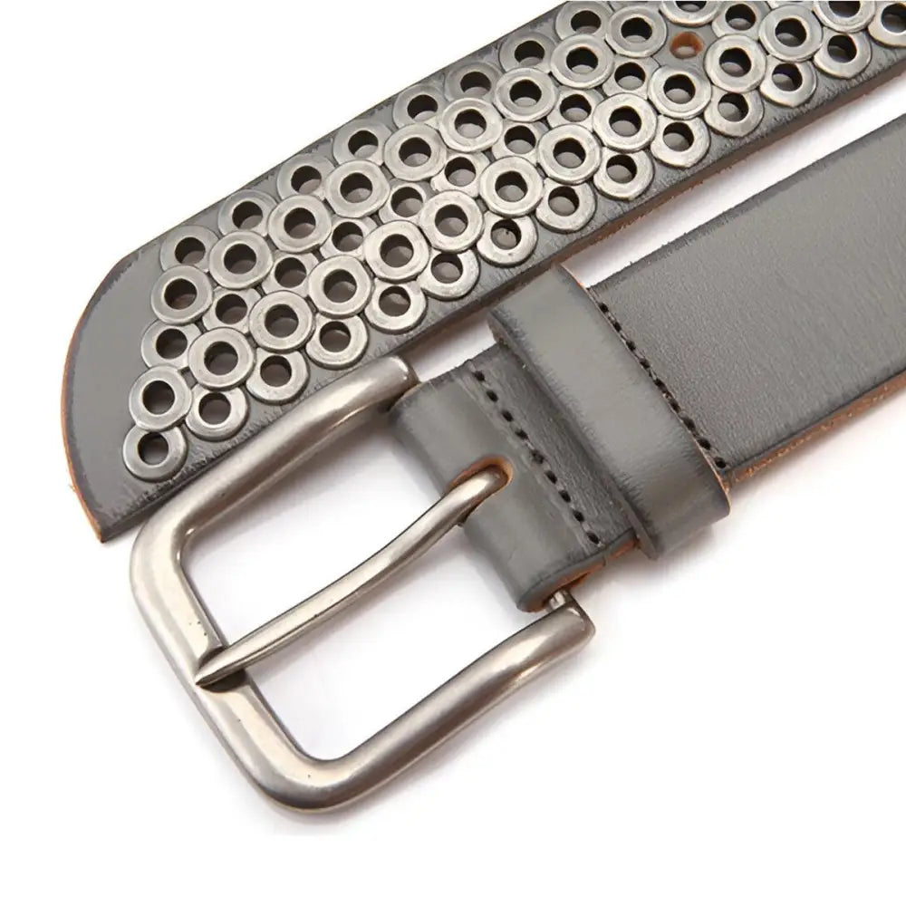 Gray leather belt featuring metal rings and a silver buckle for stylish accessories