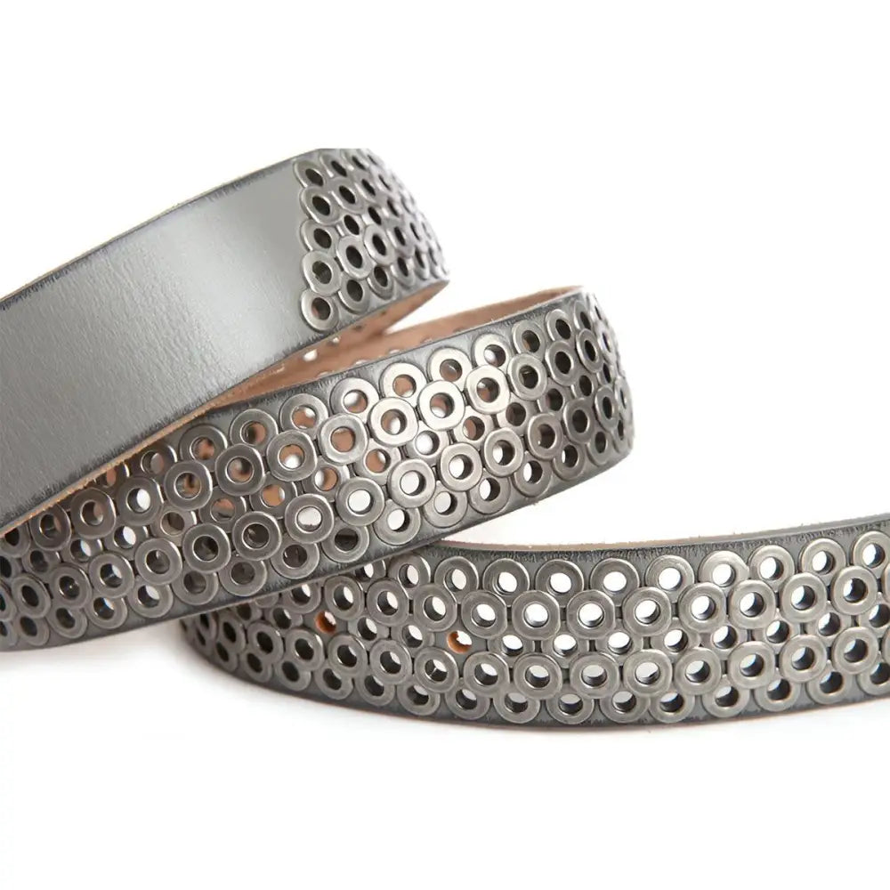 Gray leather belt featuring circular cutouts, silver metal rings, and a buckle