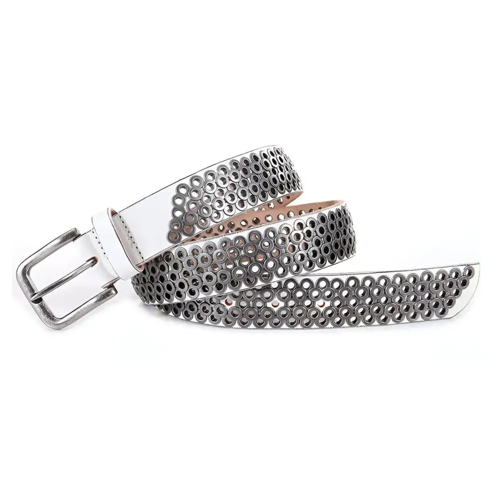 White leather belt with silver grommets displayed in Black Leather Belt with Silver Metal Rings and Buckle