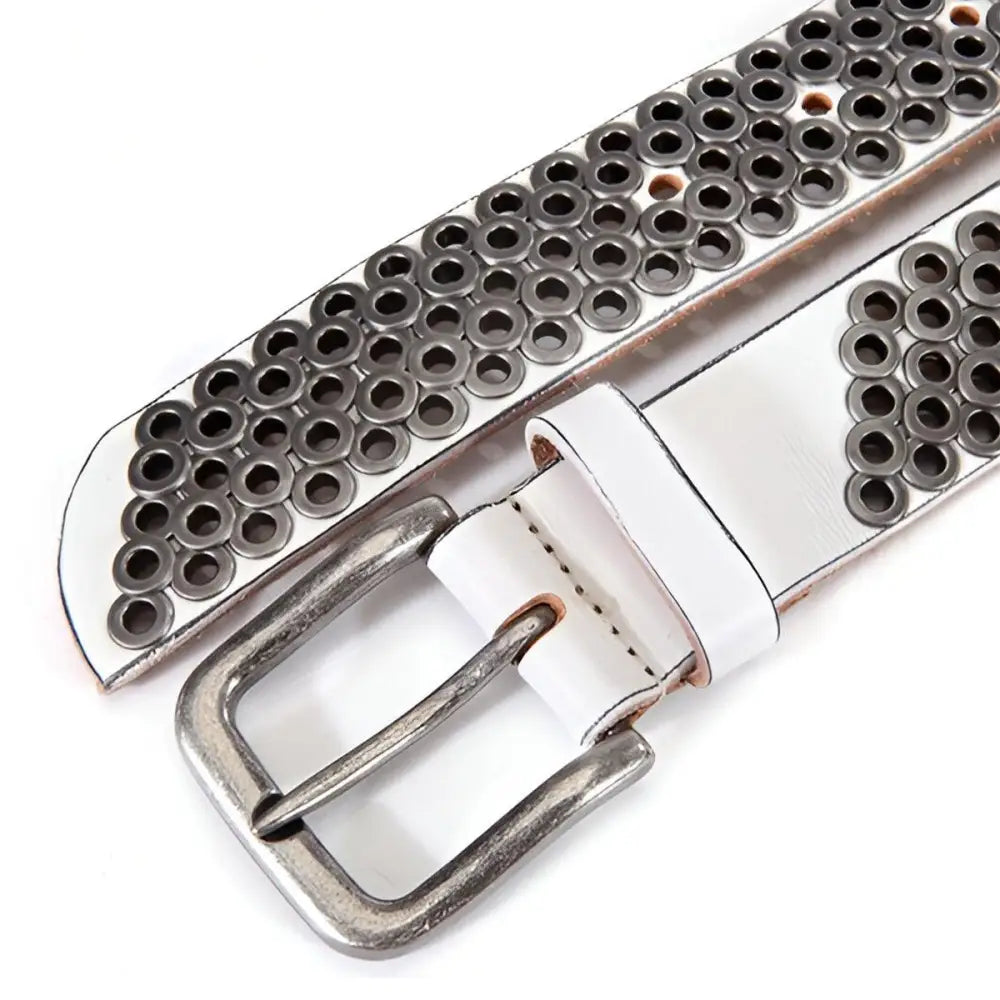 White studded belt with silver buckle displayed on Black Leather Belt with Silver Metal Rings and Buckle