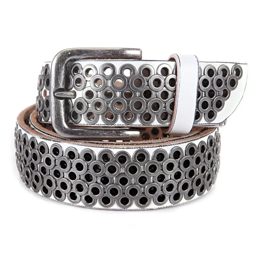 White leather belt with metal grommets displayed in Black Leather Belt with Silver Metal Rings and Buckle
