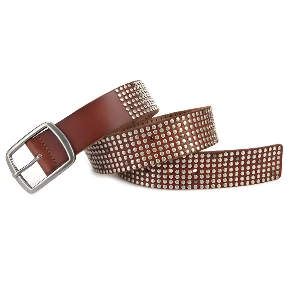 Brown leather studded belt for men and women showcasing a stylish studded belt design