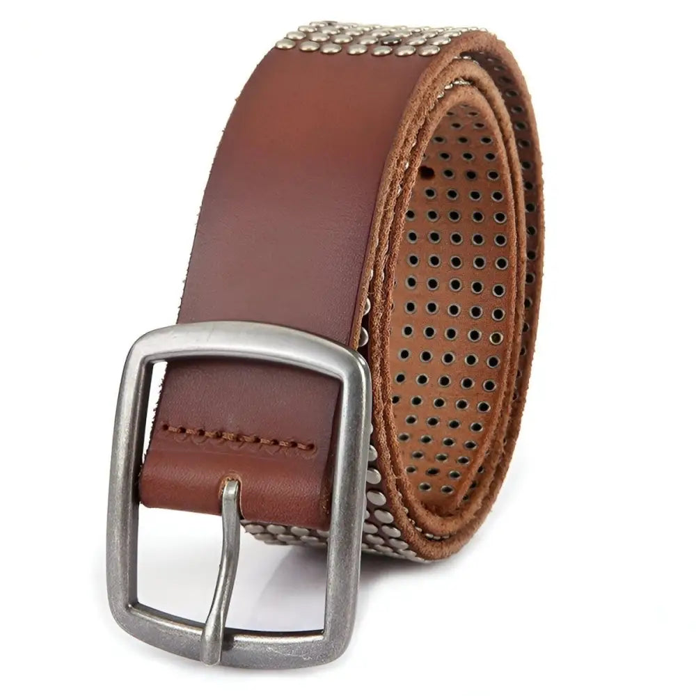 Brown leather studded belt with silver buckle for men and women, stylish and durable