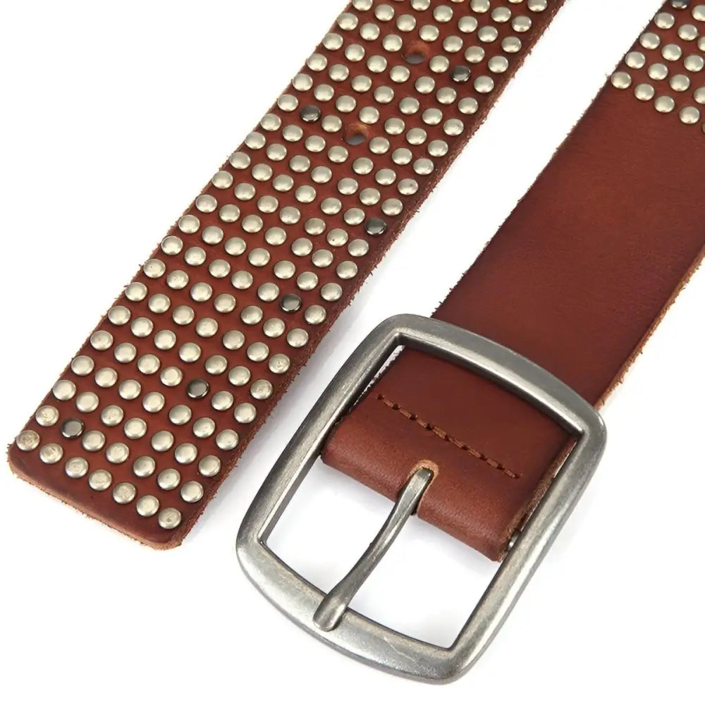 Brown leather studded belt for men and women with silver buckle, stylish studded belt design