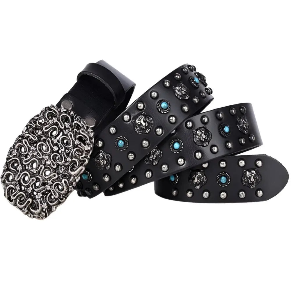 Khalzas belt black leather with silver buckle, embellishments, and turquoise accents