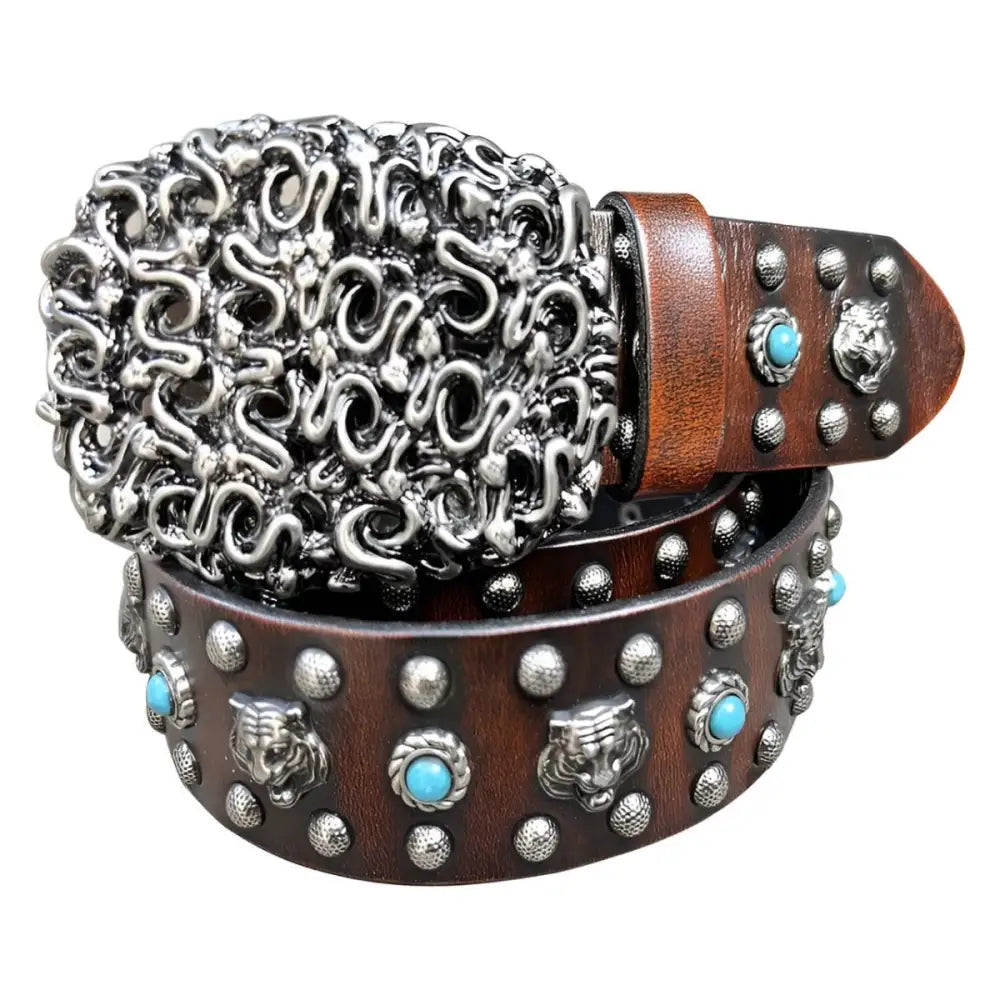 Khalzas Belt Black Leather with Silver Studs Turquoise Accents and Snake-Themed Buckle