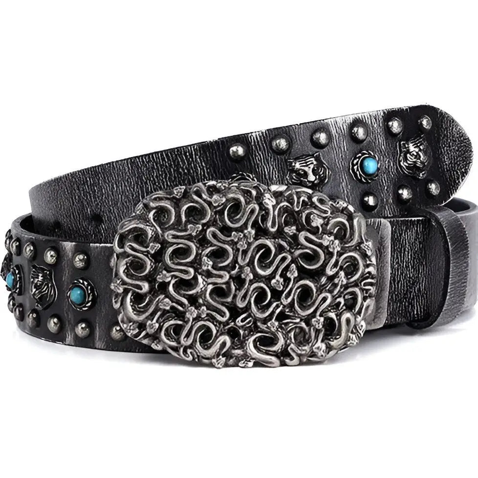 Embellished black leather Khalzas belt with tiger head accents and turquoise details