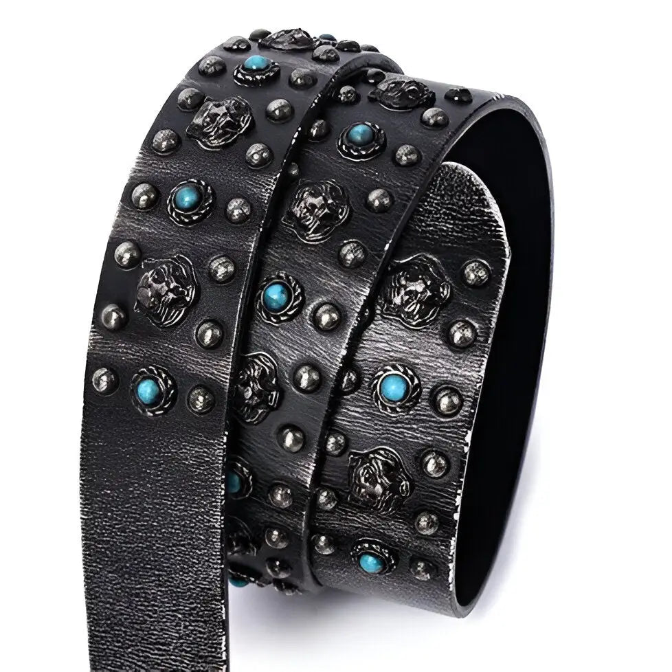 Khalzas Belt Black Leather with Metal Studs, Tiger Head Embellishments and Turquoise Accents