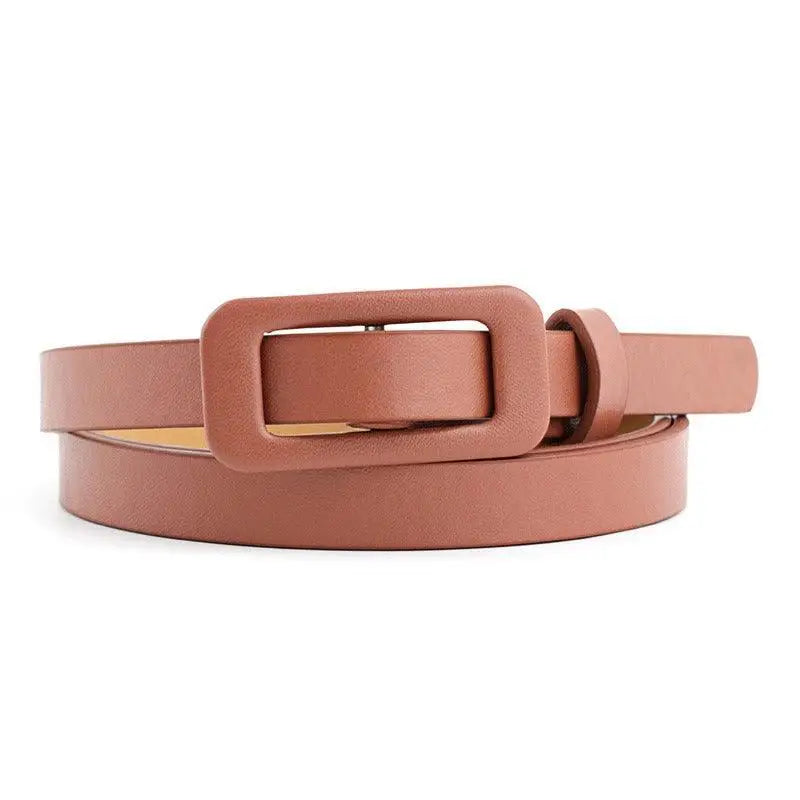 Airoro belt featuring a brown leather strap with a rectangular buckle for versatile style