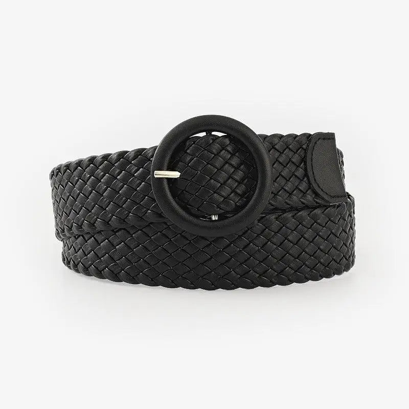 Black woven belt with circular buckle from Assorted Braided Belts with Round Buckles for Casual Wear