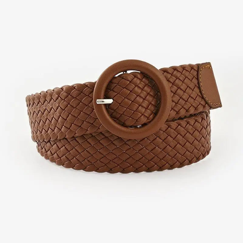 Brown woven belt with circular buckle from Assorted Braided Belts for Casual Wear