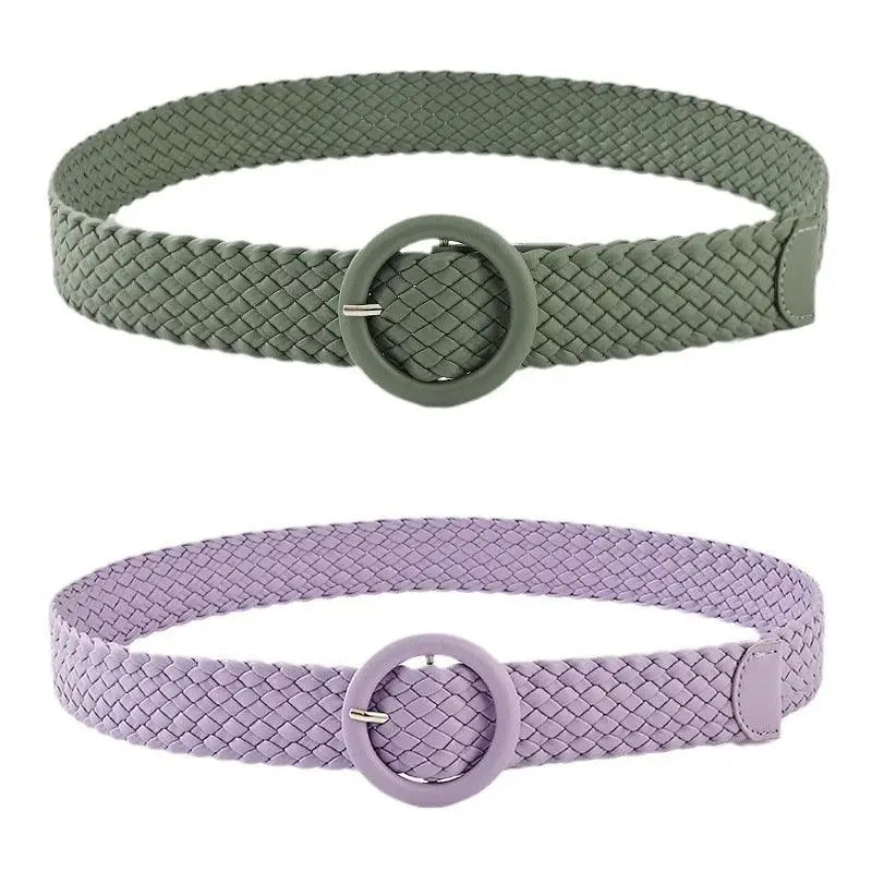 Assorted braided belts with round buckles for casual wear displayed in a product image