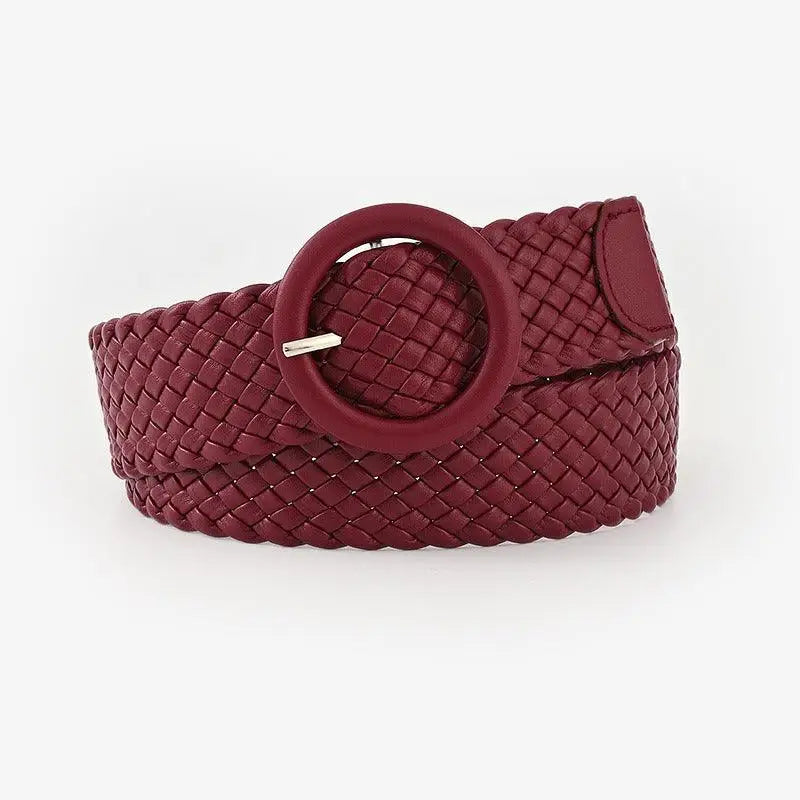Burgundy woven belt with circular buckle from Assorted Braided Belts for Casual Wear