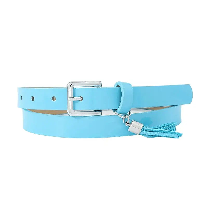 Light blue women’s belt with silver buckle and tassel for stylish accessories