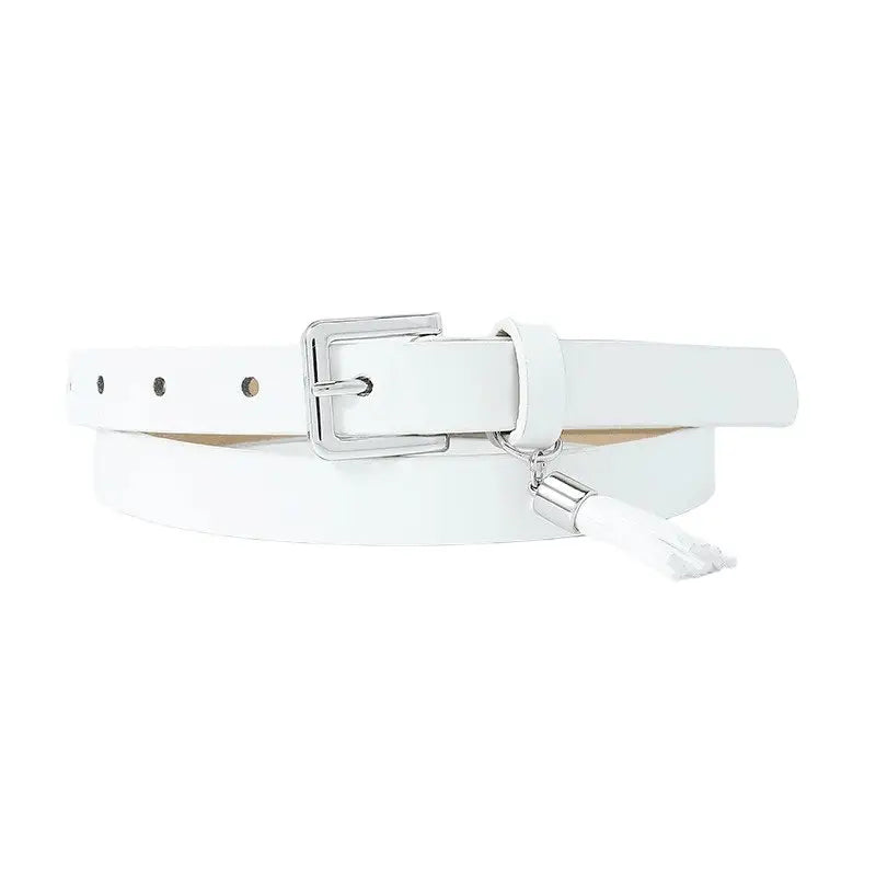 White leather women’s belt with tassel and silver buckle for a stylish look