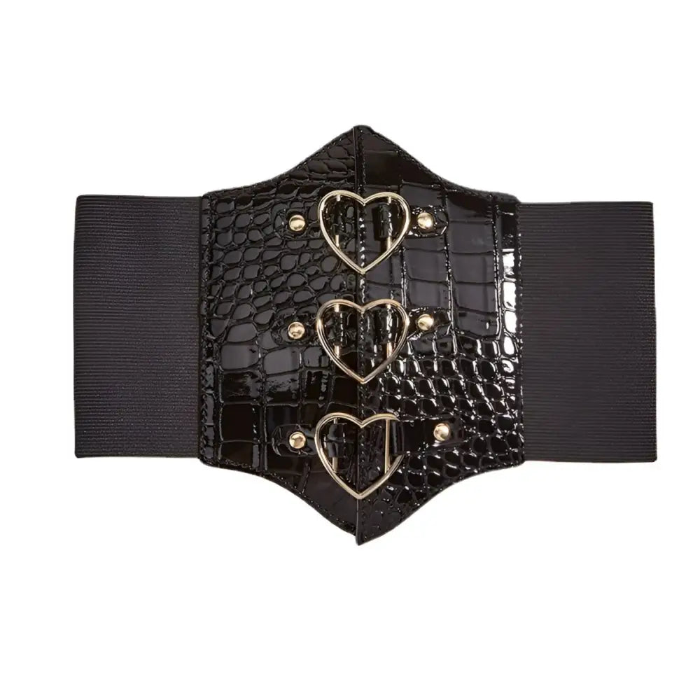 Black faux-crocodile corset belt with heart-shaped buckles for stylish appeal