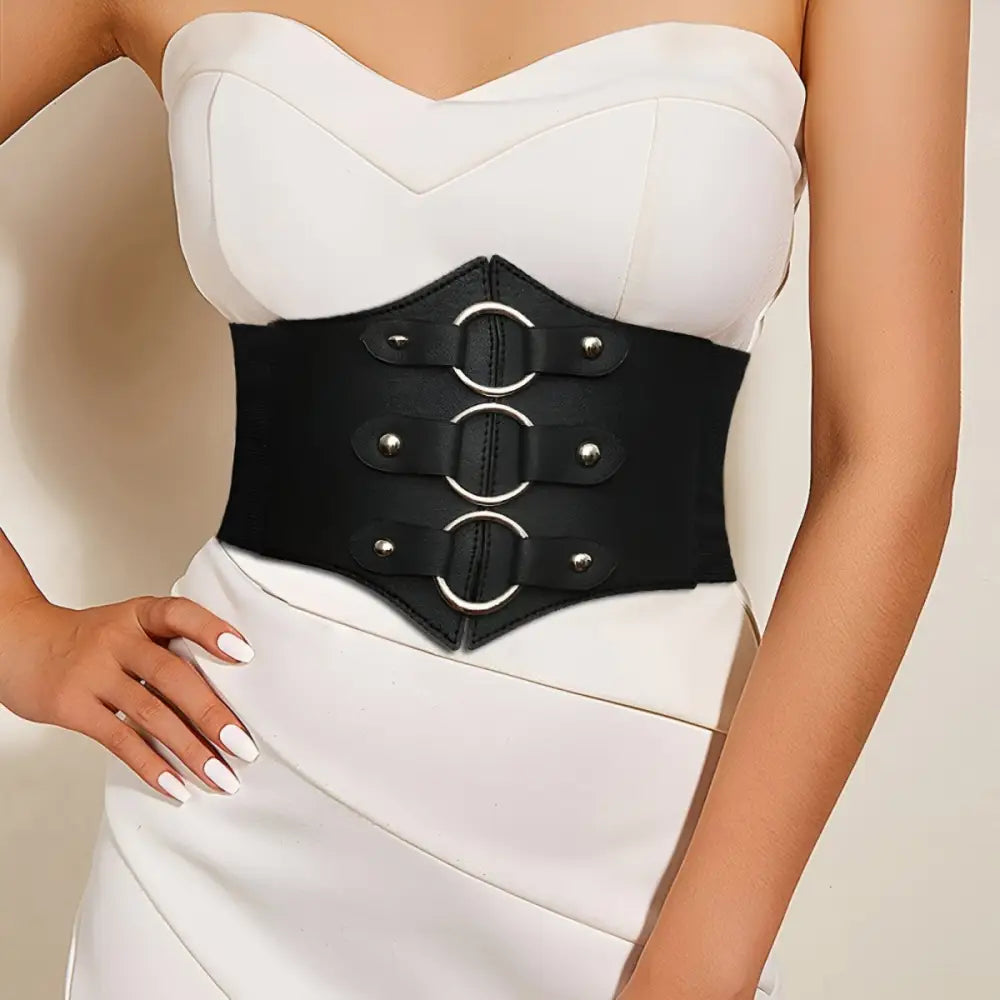 Black leather corset belt with silver metal rings for stylish waist cinching