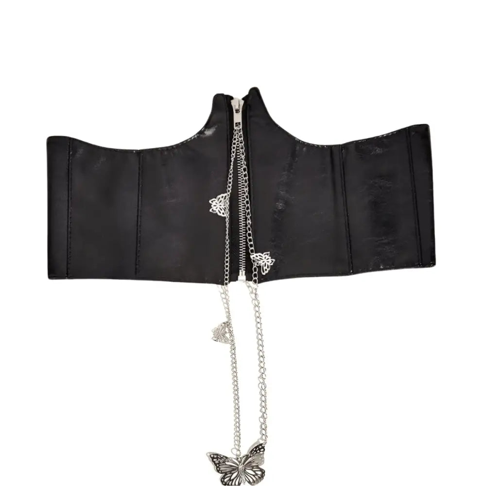 Black Faux Leather Corset Belt with Silver Butterfly Chain featuring a stylish corset belt design