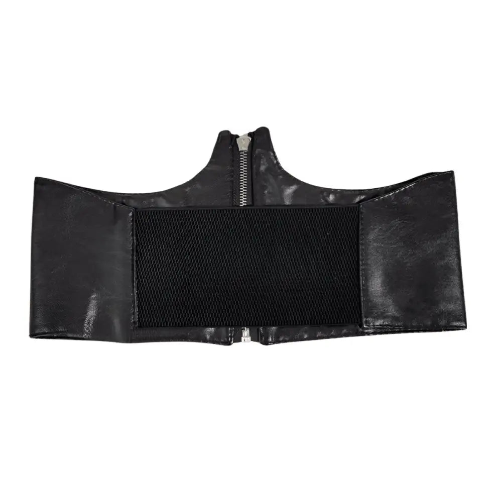 Black faux leather corset belt with zipper and silver butterfly chain for fashionable style