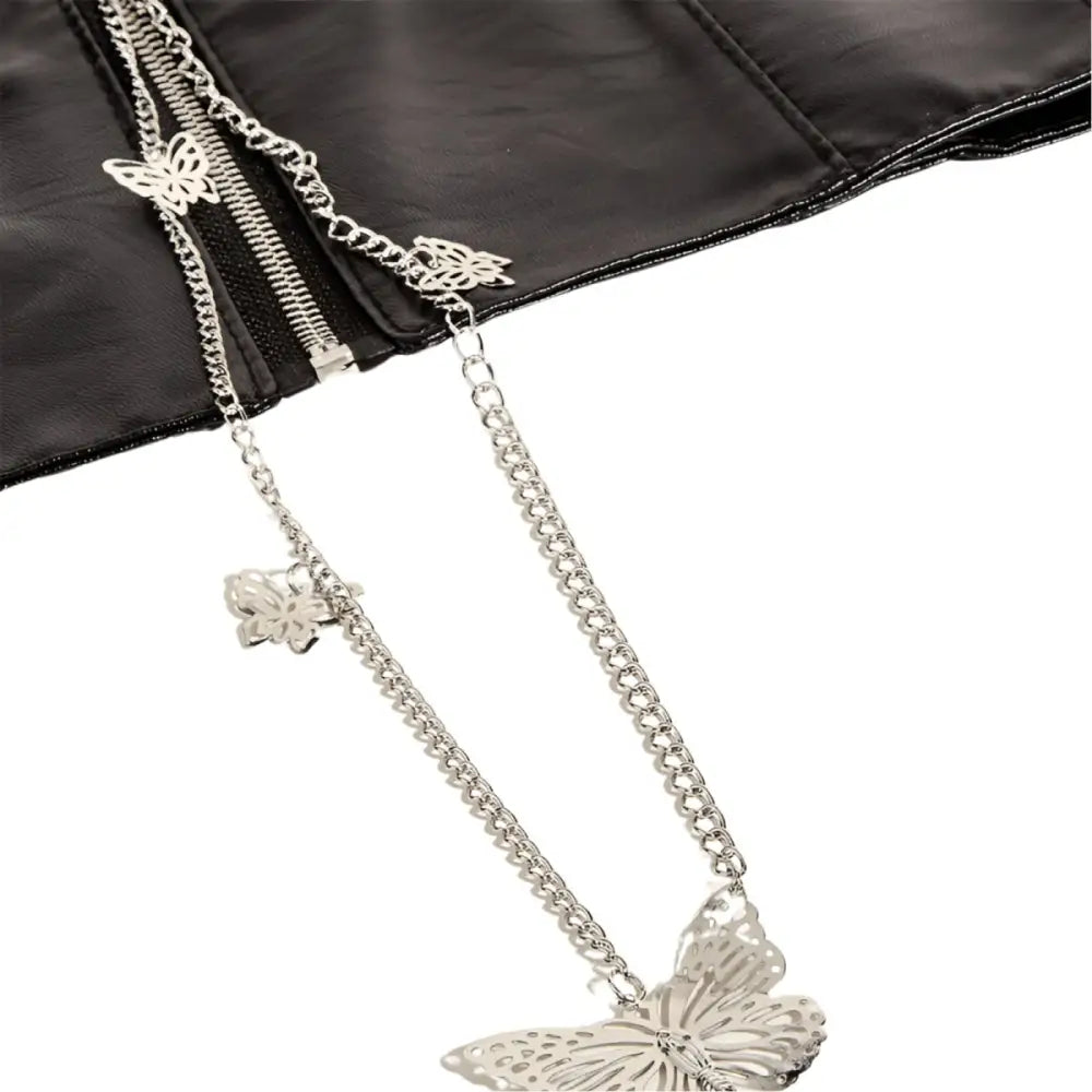 Black faux leather corset belt with silver butterfly chains for fashionable styling