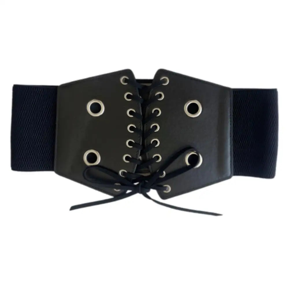 Black corset belt with silver grommets for stylish waist accentuation