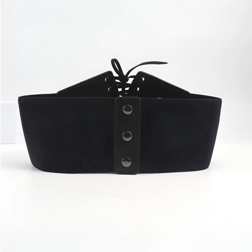 Black elastic corset belt with silver grommets for stylish waist accentuation