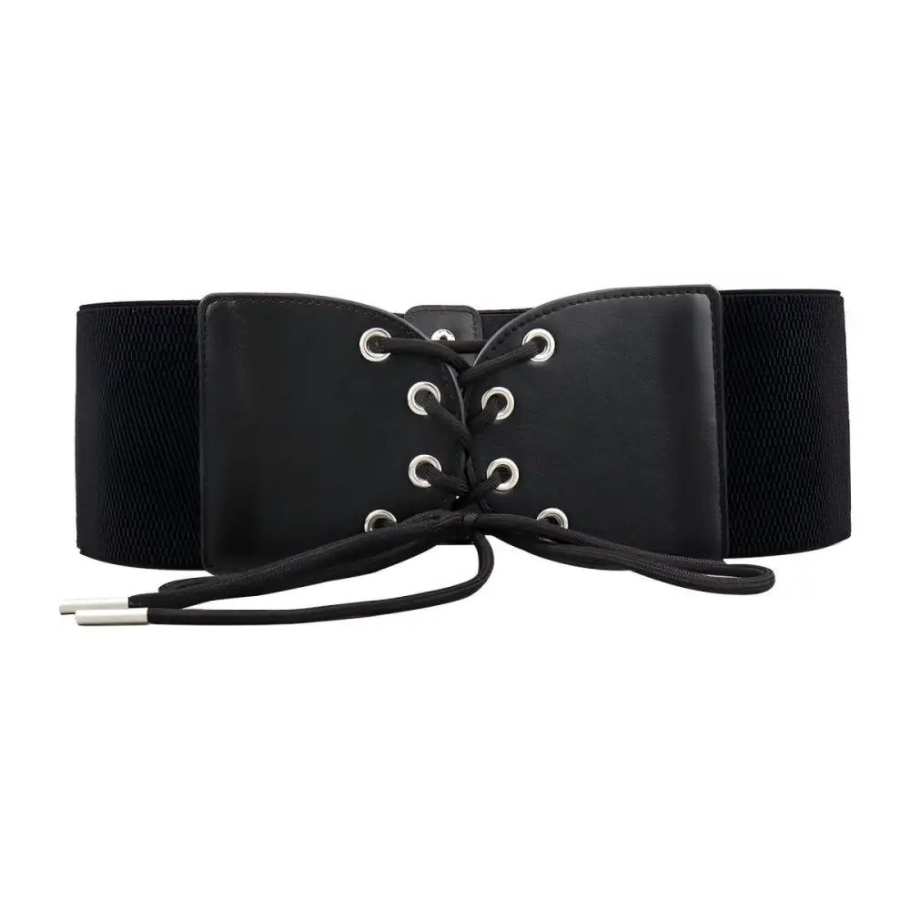 Black corset-style elastic belt with lace-up front for stylish elegance