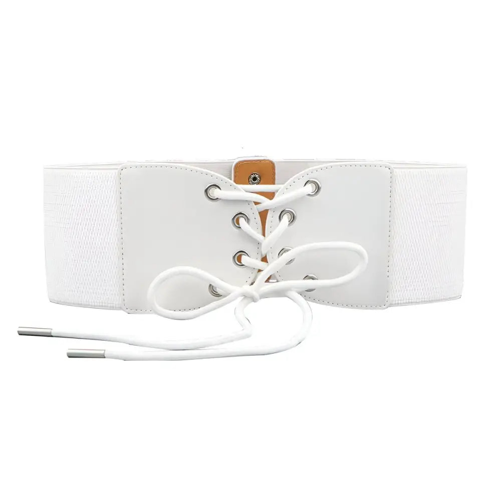 White corset-style belt with lace-up front for elegant fashion styling