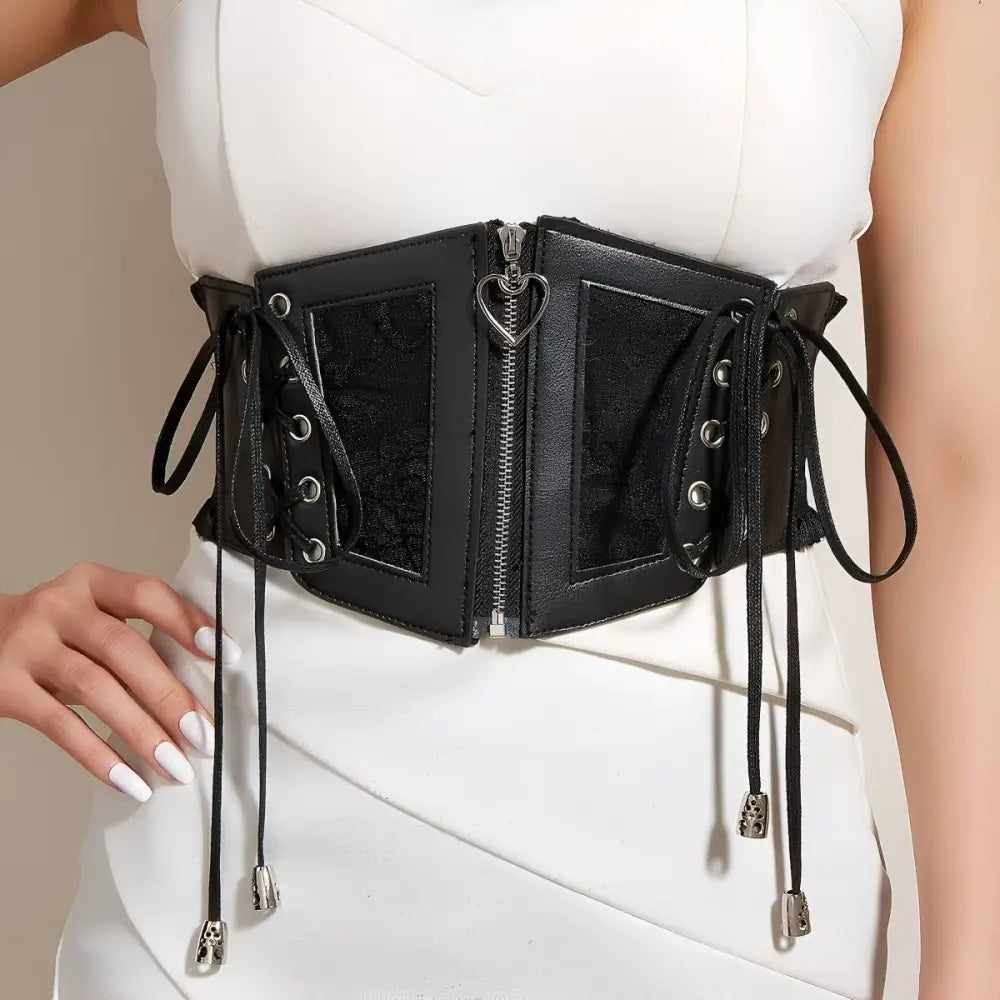 Black corset belt with heart zipper and lace-up sides for elegant waist accentuation