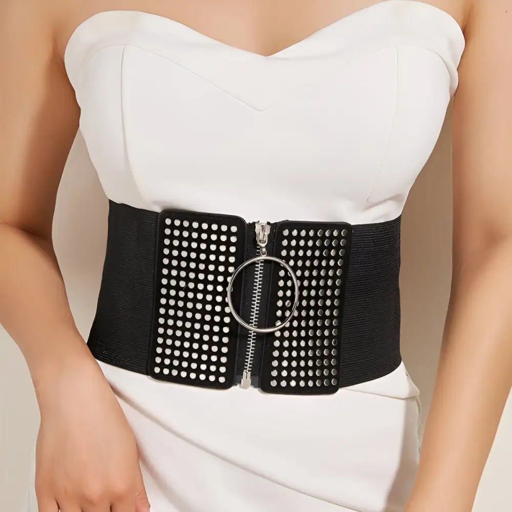 Black elastic waist zipper corset belt with silver accents and studded panels
