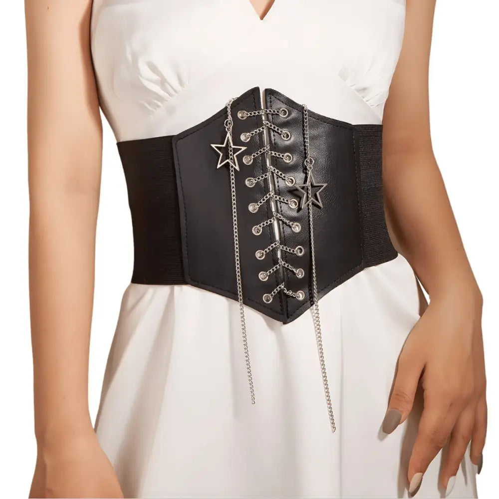 Black corset belt with star charms and silver chain accents for stylish fashion wear