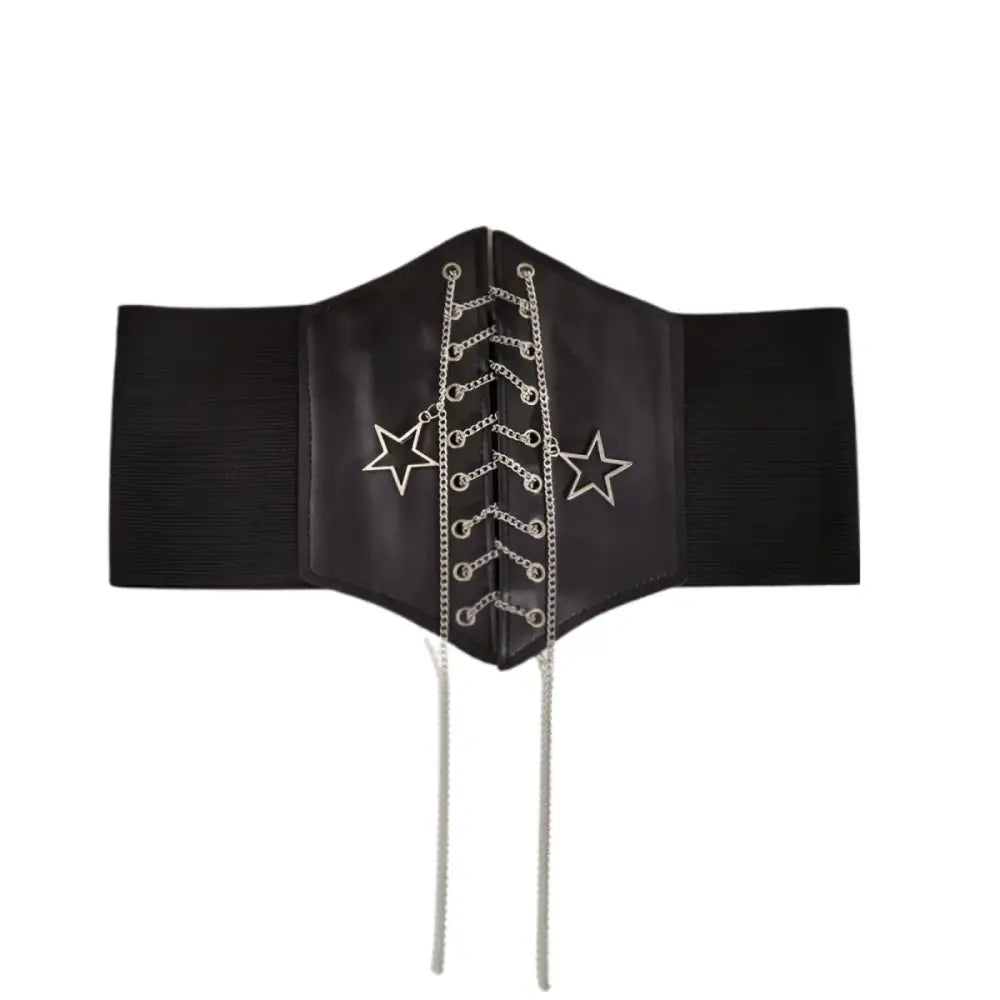 Black corset belt with silver chain and star charms for fashionable accessories