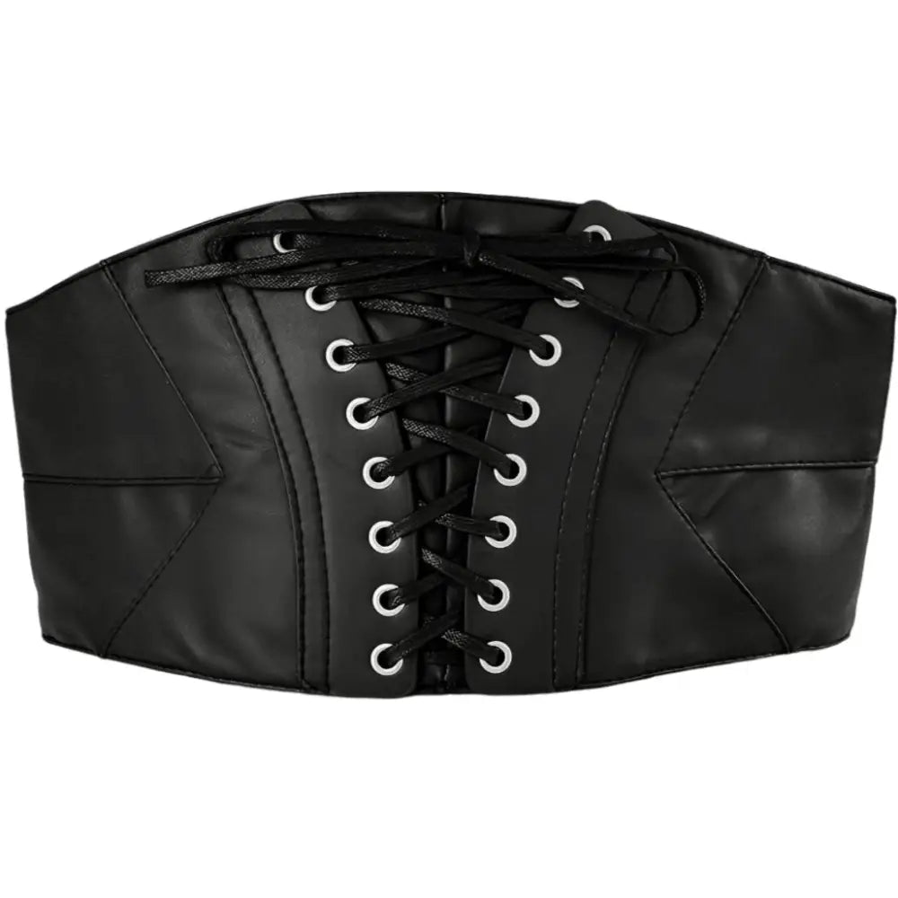 Black faux leather corset belt with lace-up design for a stylish, fashionable look