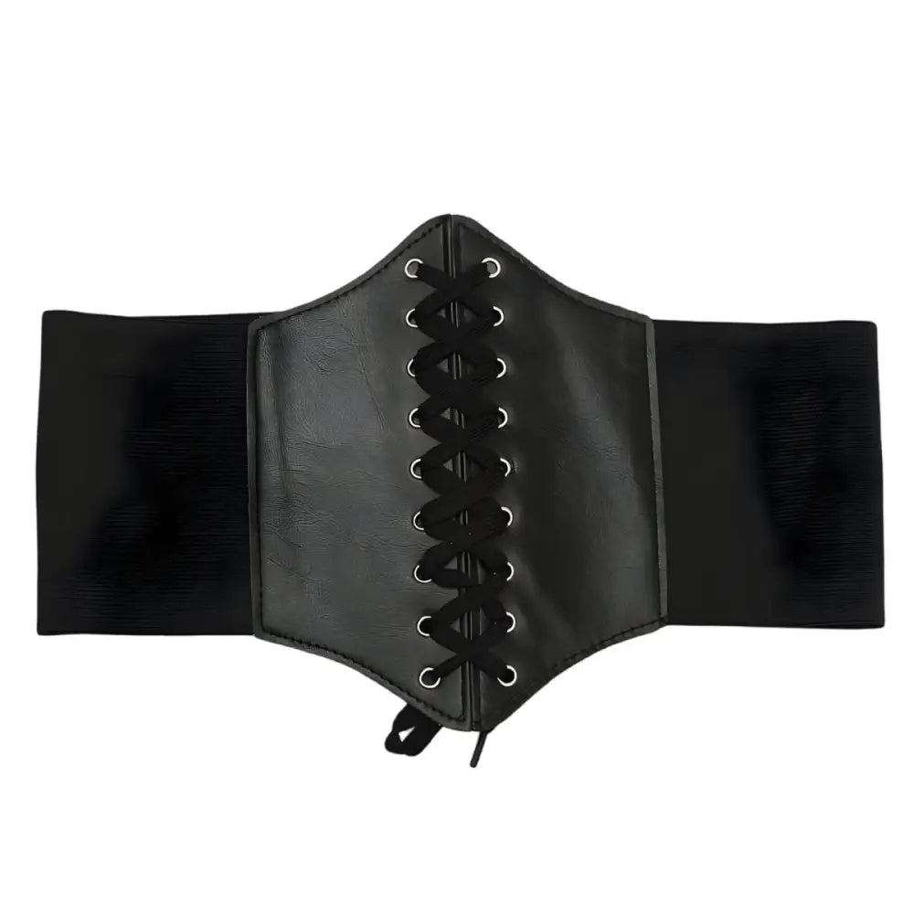 Black faux leather corset belt from the Kayla Corset collection in a white shirt dress