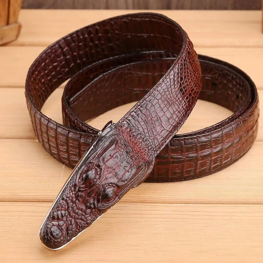 Brown crocodile-patterned leather men’s belt with Enokur Men’s Buckle for sophisticated style