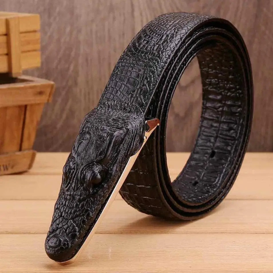 Black crocodile head belt showcasing Enokur Men’s Belt in crocodile leather
