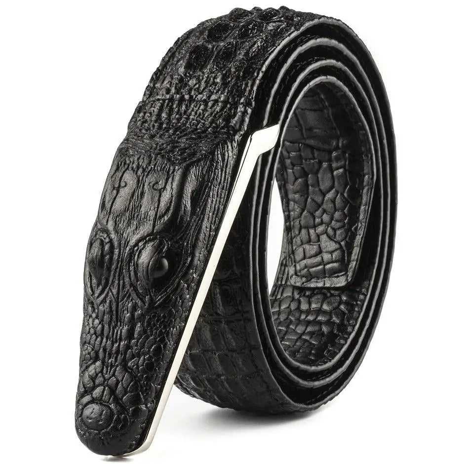 Black crocodile-head belt featuring crocodile leather and a stylish buckle for men