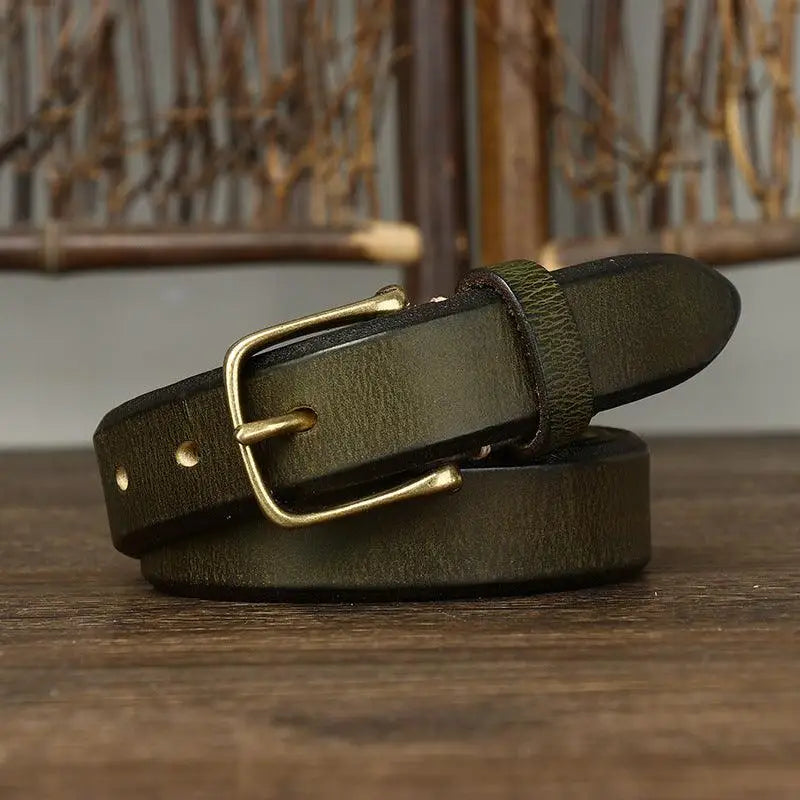 Olive green leather belt with brass buckle from Assorted Leather Belts collection