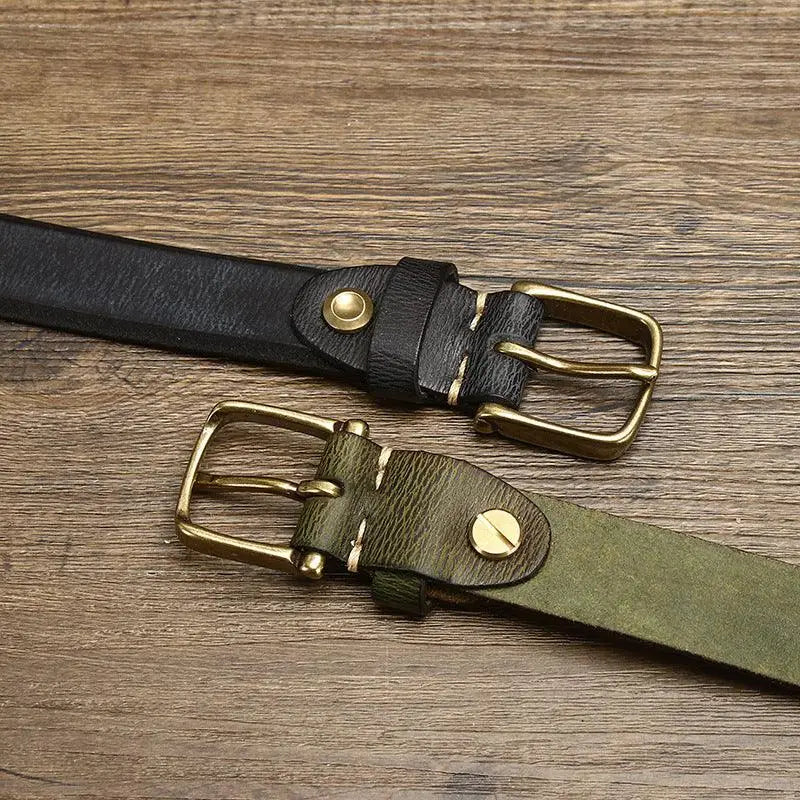 Assorted leather belts with brass and gold buckles for men’s fashion accessories