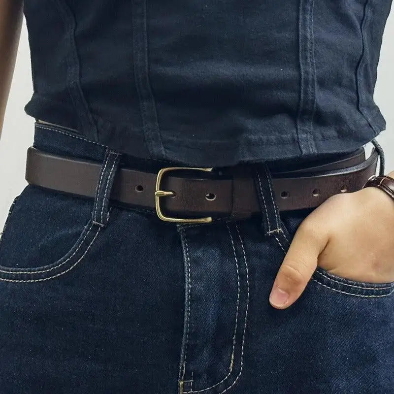 Brown leather belt with a gold buckle from Assorted Leather Belts with Brass and Gold Buckles