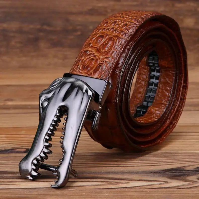 Brown leather belt with crocodile head buckle, Yerik Model Black Crocodile Patterned Belt
