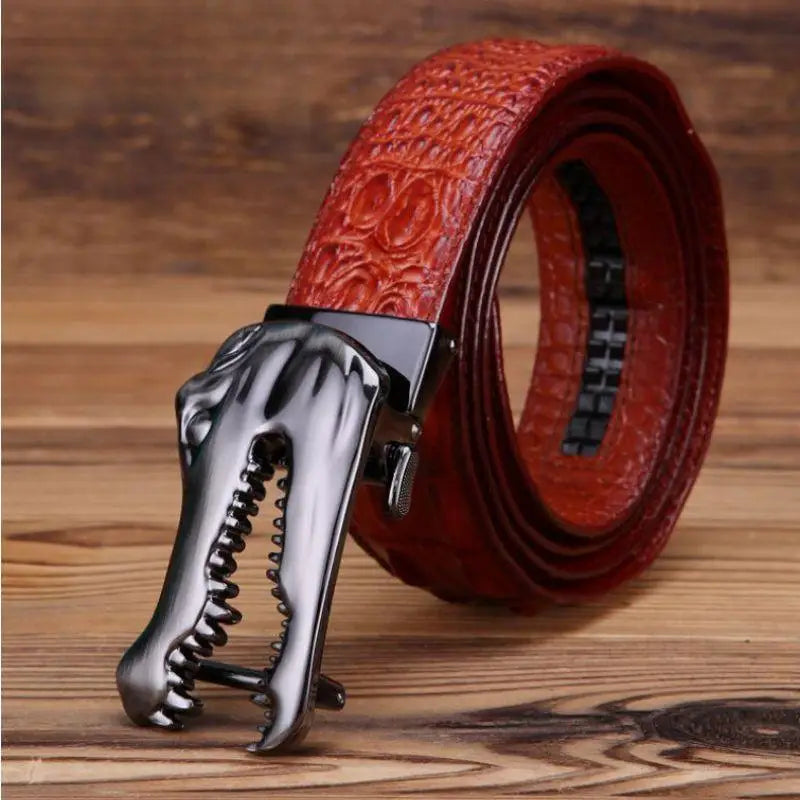 Red leather belt with silver crocodile buckle from Yerik Model product line