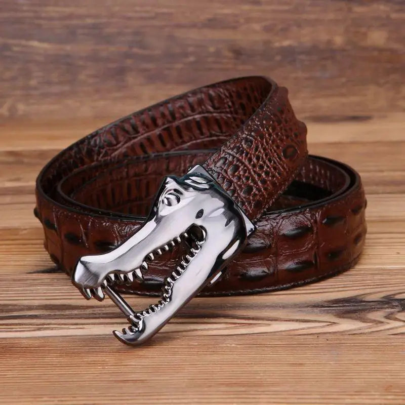 Yerik Model brown crocodile-patterned belt with silver alligator buckle for men