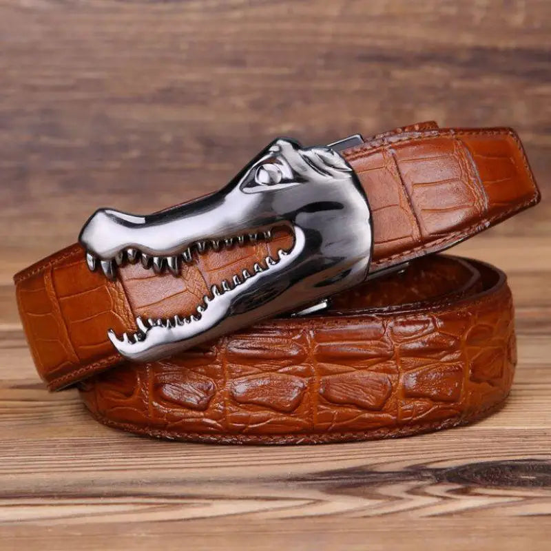 Yerik Model brown crocodile-patterned belt with silver alligator head buckle for men