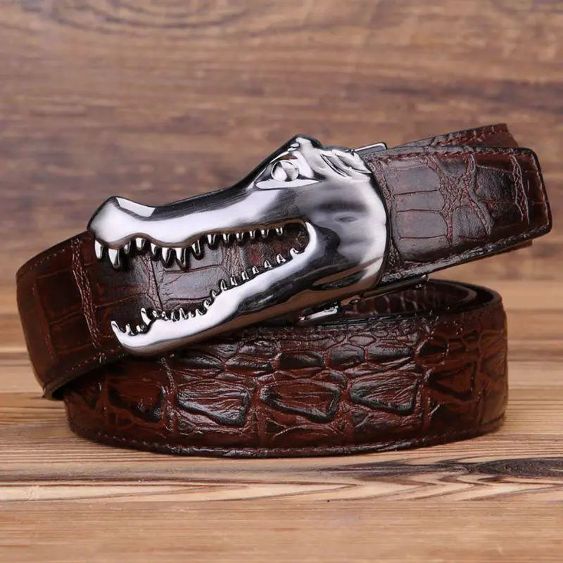 Brown crocodile-patterned belt with silver alligator head buckle for Yerik Model style